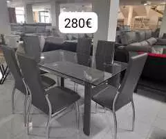 mesa moderna de cristal y seis sillas polipiel - 3